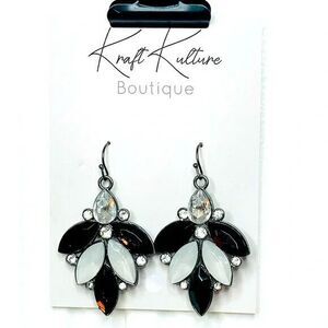 Silver Tone Drop Down Earrings With White, Black and Clear Rhinestones NWT